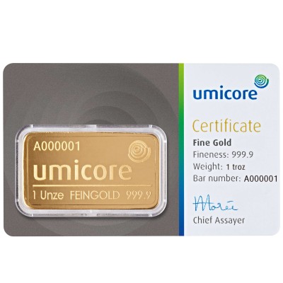 Umicore - 1 Oz - investeringsguldtacka