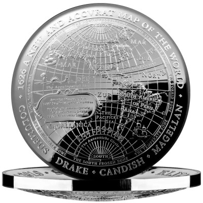 1626 Ny världskarta – 1 Oz – silvermynt i proof-kvalitet...